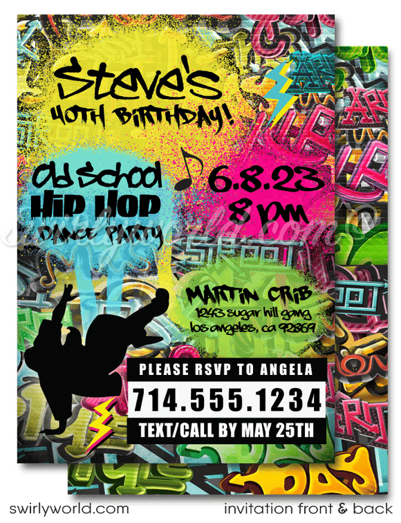 Old School 80s-90s hip-hop break-dancer rap graffiti spray paint ghetto blaster birthday party invitation and thank you cards for instant digital download.