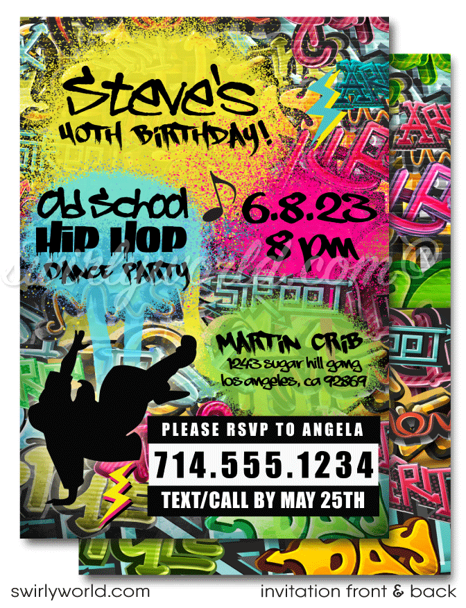 Old School 80s-90s hip-hop break-dancer rap graffiti spray paint ghetto blaster printed 40th birthday party invitations. 