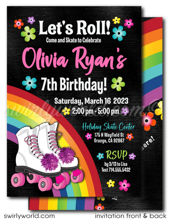 Retro rainbow flowers pink roller-skating roller rink birthday party invitations for girls; digital invitation, thank you, & envelope design.