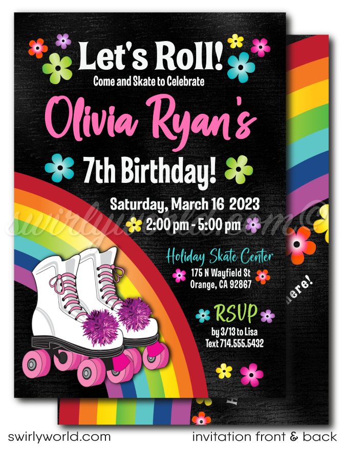 Retro rainbow flowers pink roller-skating roller rink birthday party invitations for girls; printed invitation & envelope design.