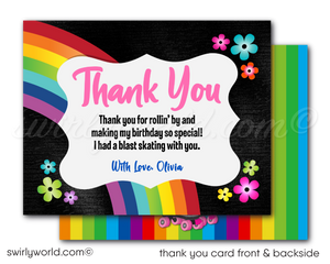 Retro rainbow flowers pink roller-skating roller rink birthday party invitations for girls; digital invitation, thank you, & envelope design.
