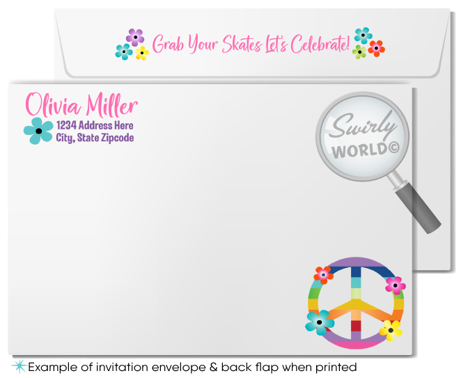Retro rainbow flowers pink roller-skating roller rink birthday party invitations for girls; digital invitation, thank you, & envelope design.