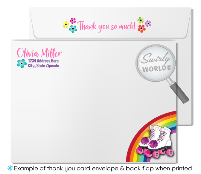 Retro rainbow flowers pink roller-skating roller rink birthday party invitations for girls; digital invitation, thank you, & envelope design.