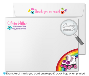 Retro rainbow flowers pink roller-skating roller rink birthday party invitations for girls; digital invitation, thank you, & envelope design.