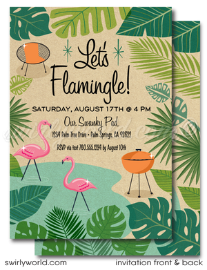 Step into a blend of nostalgic flair and mid-century charm with our digital "Let's Flamingo" invitation set. Inspired by the retro 1950s-1960s and the iconic Mad Men style, this Pink Flamingo collection captures the essence of a mid-century modern design with atomic starbursts and a Palm Springs aesthetic. It features tropical leaves and a desert theme, making it ideal for housewarming parties or summer gatherings.