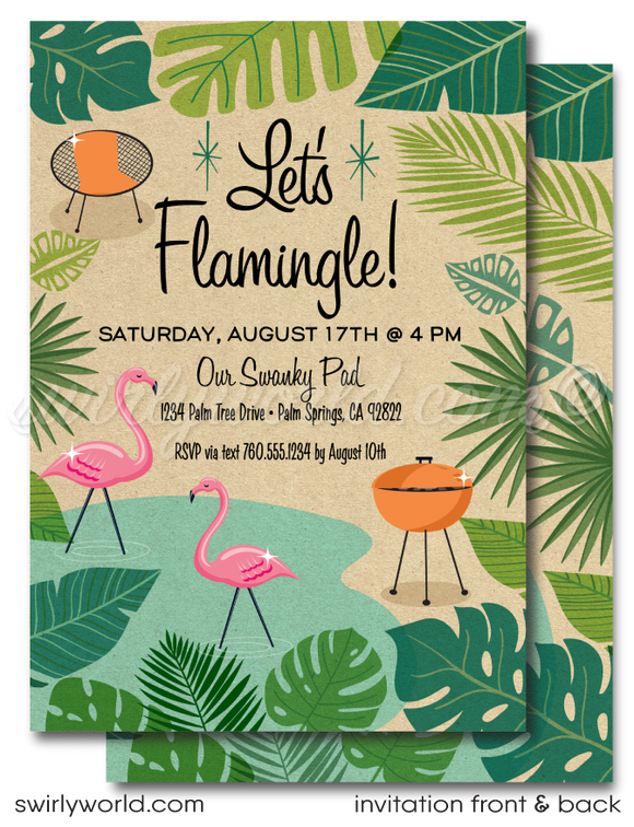 Retro 1960s MCM mid-century modern atomic starbursts Palm Springs pink "Let's Flamingo" housewarming party design; digital invite, thank you, & envelopes.