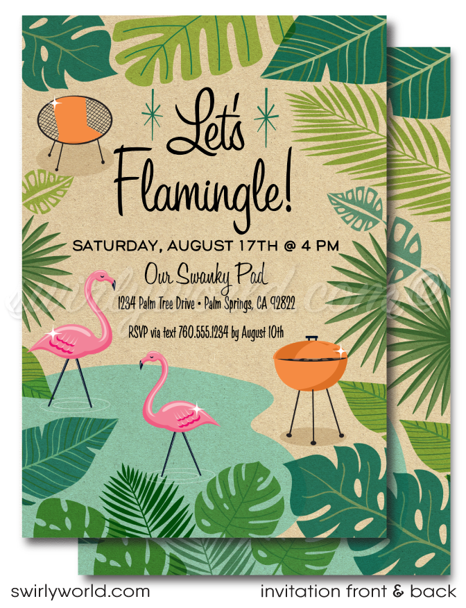Step into a blend of nostalgic flair and mid-century charm with our printed "Let's Flamingo" housewarming party invitation set. Inspired by the retro 1960s and the iconic Mad Men style, this collection captures the essence of a mid-century modern design with atomic starbursts, iconic Pink Flamingoes, and a Palm Springs aesthetic. It features tropical leaves and a desert theme, making it ideal for housewarming parties or summer gatherings.