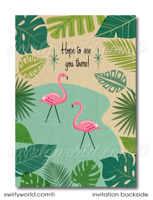 Retro 1960s MCM mid-century modern atomic starbursts Palm Springs pink "Let's Flamingo" housewarming party design; digital invite, thank you, & envelopes.