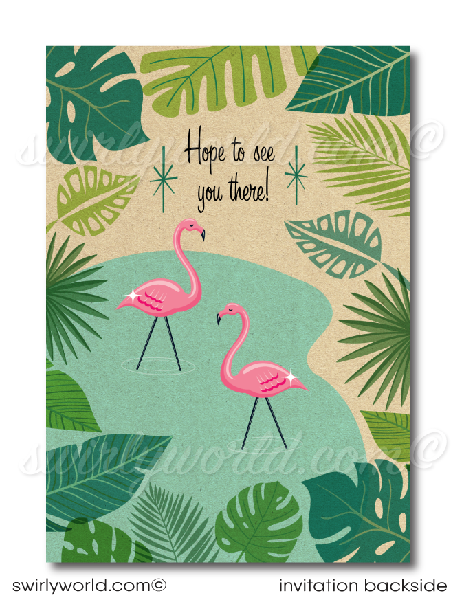 Step into a blend of nostalgic flair and mid-century charm with our printed "Let's Flamingo" housewarming party invitation set. Inspired by the retro 1960s and the iconic Mad Men style, this collection captures the essence of a mid-century modern design with atomic starbursts, iconic Pink Flamingoes, and a Palm Springs aesthetic. It features tropical leaves and a desert theme, making it ideal for housewarming parties or summer gatherings.