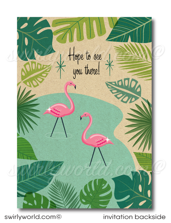 Step into a blend of nostalgic flair and mid-century charm with our printed "Let's Flamingo" housewarming party invitation set. Inspired by the retro 1960s and the iconic Mad Men style, this collection captures the essence of a mid-century modern design with atomic starbursts, iconic Pink Flamingoes, and a Palm Springs aesthetic. It features tropical leaves and a desert theme, making it ideal for housewarming parties or summer gatherings.