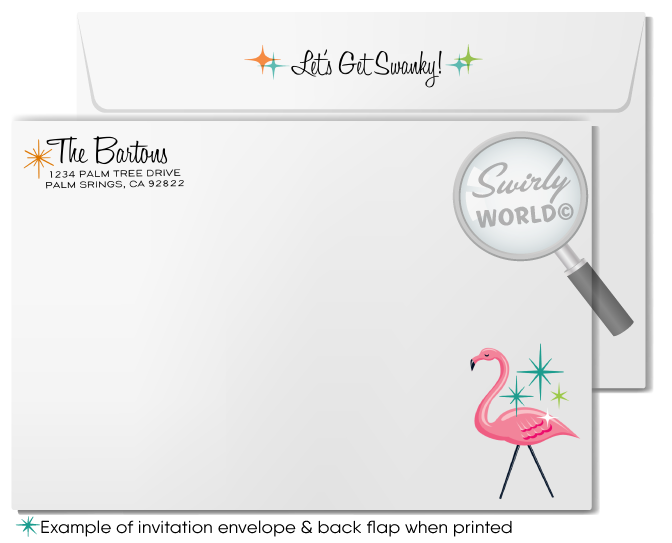 Retro 1960s MCM mid-century modern atomic starbursts Palm Springs pink "Let's Flamingo" housewarming party design; digital invite, thank you, & envelopes.