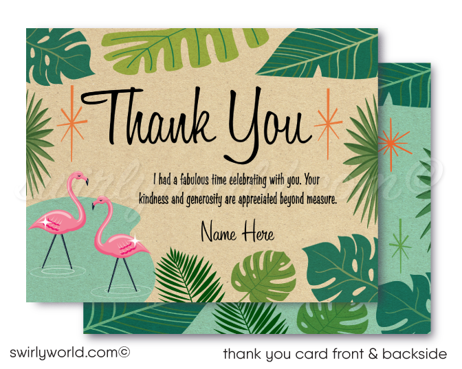 Retro 1960s MCM mid-century modern atomic starbursts Palm Springs pink "Let's Flamingo" housewarming party design; digital invite, thank you, & envelopes.