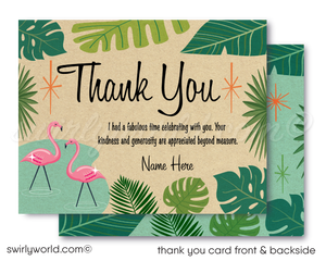 Retro 1960s MCM mid-century modern atomic starbursts Palm Springs pink "Let's Flamingo" housewarming party design; digital invite, thank you, & envelopes.