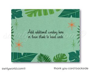 Retro 1960s MCM mid-century modern atomic starbursts Palm Springs pink "Let's Flamingo" housewarming party design; digital invite, thank you, & envelopes.