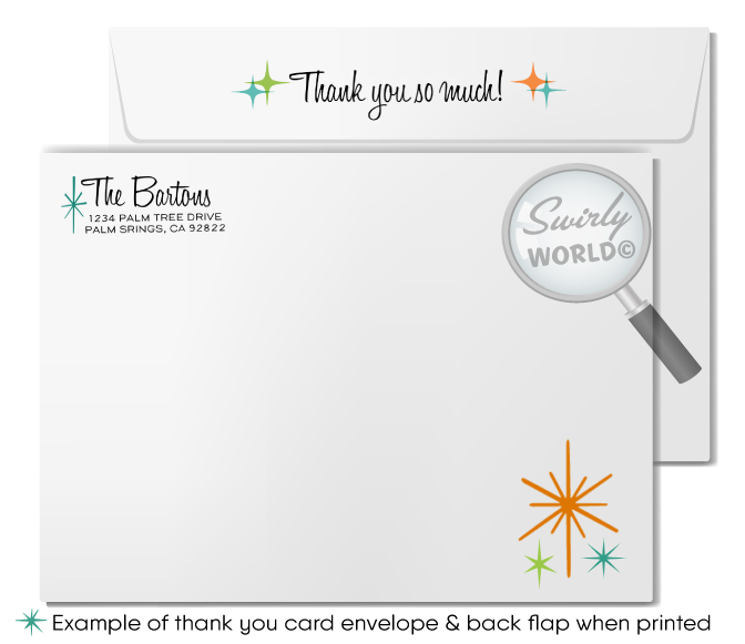 Retro 1960s MCM mid-century modern atomic starbursts Palm Springs pink "Let's Flamingo" housewarming party design; digital invite, thank you, & envelopes.