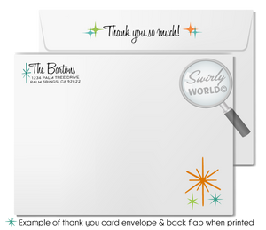 Retro 1960s MCM mid-century modern atomic starbursts Palm Springs pink "Let's Flamingo" housewarming party design; digital invite, thank you, & envelopes.