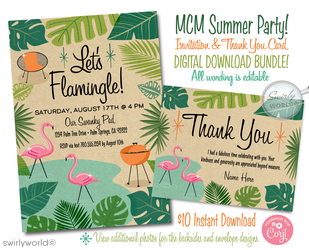 Step into a blend of nostalgic flair and mid-century charm with our digital "Let's Flamingo" invitation set. Inspired by the retro 1950s-1960s and the iconic Mad Men style, this Pink Flamingo collection captures the essence of a mid-century modern design with atomic starbursts and a Palm Springs aesthetic. It features tropical leaves and a desert theme, making it ideal for housewarming parties or summer gatherings.