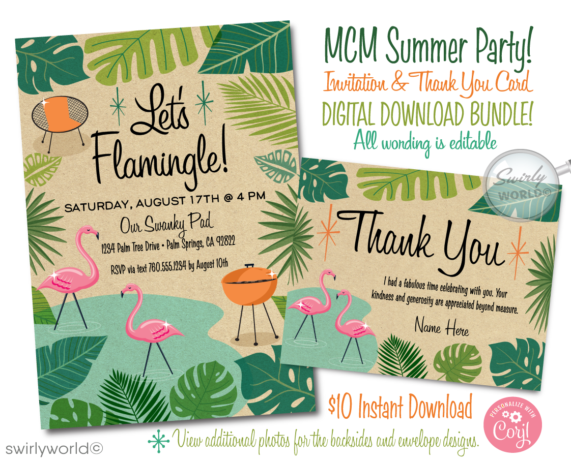 Step into a blend of nostalgic flair and mid-century charm with our digital "Let's Flamingo" invitation set. Inspired by the retro 1950s-1960s and the iconic Mad Men style, this Pink Flamingo collection captures the essence of a mid-century modern design with atomic starbursts and a Palm Springs aesthetic. It features tropical leaves and a desert theme, making it ideal for housewarming parties or summer gatherings.