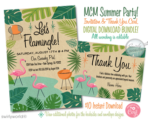 Step into a blend of nostalgic flair and mid-century charm with our digital "Let's Flamingo" invitation set. Inspired by the retro 1950s-1960s and the iconic Mad Men style, this Pink Flamingo collection captures the essence of a mid-century modern design with atomic starbursts and a Palm Springs aesthetic. It features tropical leaves and a desert theme, making it ideal for housewarming parties or summer gatherings.
