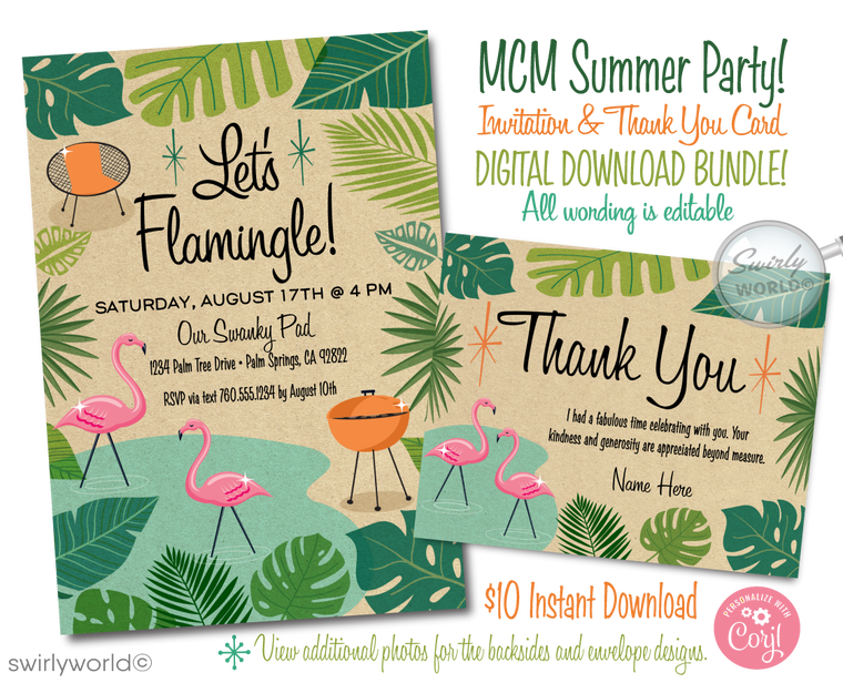 Retro 1960s MCM mid-century modern atomic starbursts Palm Springs pink "Let's Flamingo" housewarming party design; digital invite, thank you, & envelopes.