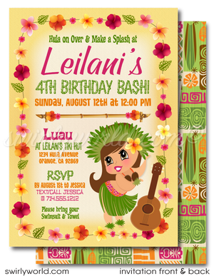 Retro cute kitschy Hawaiian hula girl tiki luau birthday party invitations; digital invitation, thank you, & envelope design.