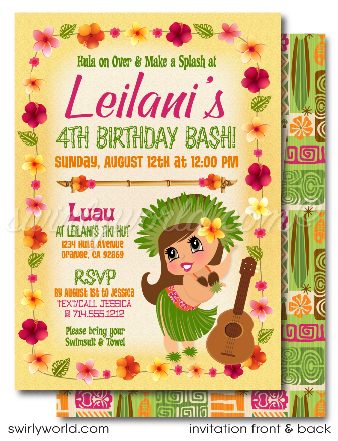 Retro cute kitschy Hawaiian hula girl tiki luau birthday party invitations; digital invitation, thank you, & envelope design.