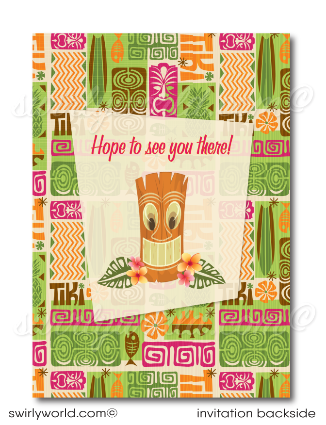 Retro cute kitschy Hawaiian hula girl tiki luau birthday party invitations; digital invitation, thank you, & envelope design.