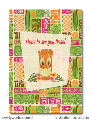 Retro cute kitschy Hawaiian hula girl tiki luau birthday party invitations; digital invitation, thank you, & envelope design.