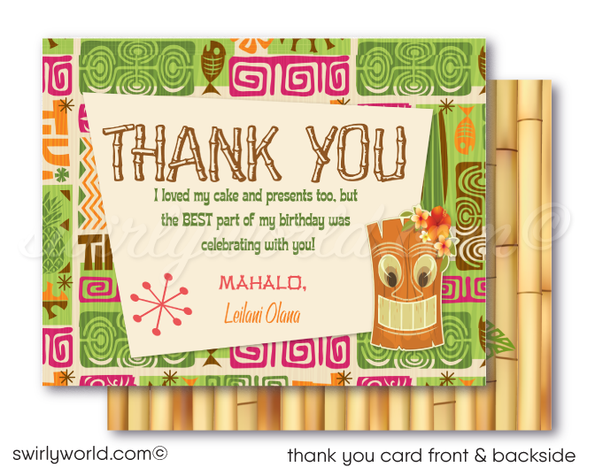 Retro cute kitschy Hawaiian hula girl tiki luau birthday party invitations; digital invitation, thank you, & envelope design.