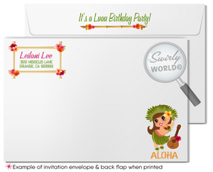 Retro cute kitschy Hawaiian hula girl tiki luau birthday party invitations; digital invitation, thank you, & envelope design.
