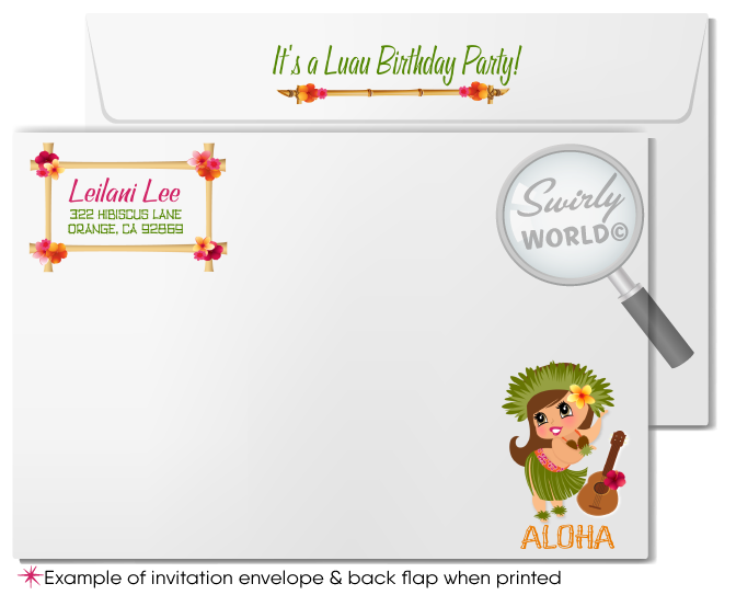 Retro cute kitschy Hawaiian hula girl tiki luau birthday party invitations; digital invitation, thank you, & envelope design.