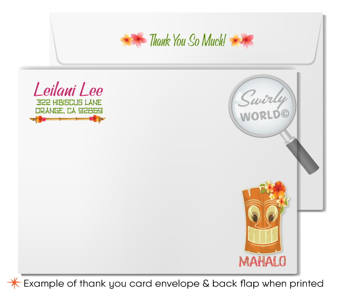 Retro cute kitschy Hawaiian hula girl tiki luau birthday party invitations; digital invitation, thank you, & envelope design.