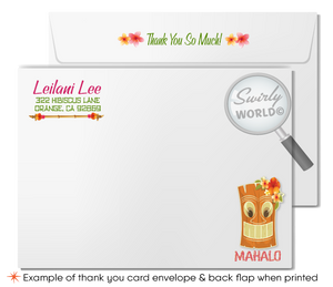 Retro cute kitschy Hawaiian hula girl tiki luau birthday party invitations; digital invitation, thank you, & envelope design.