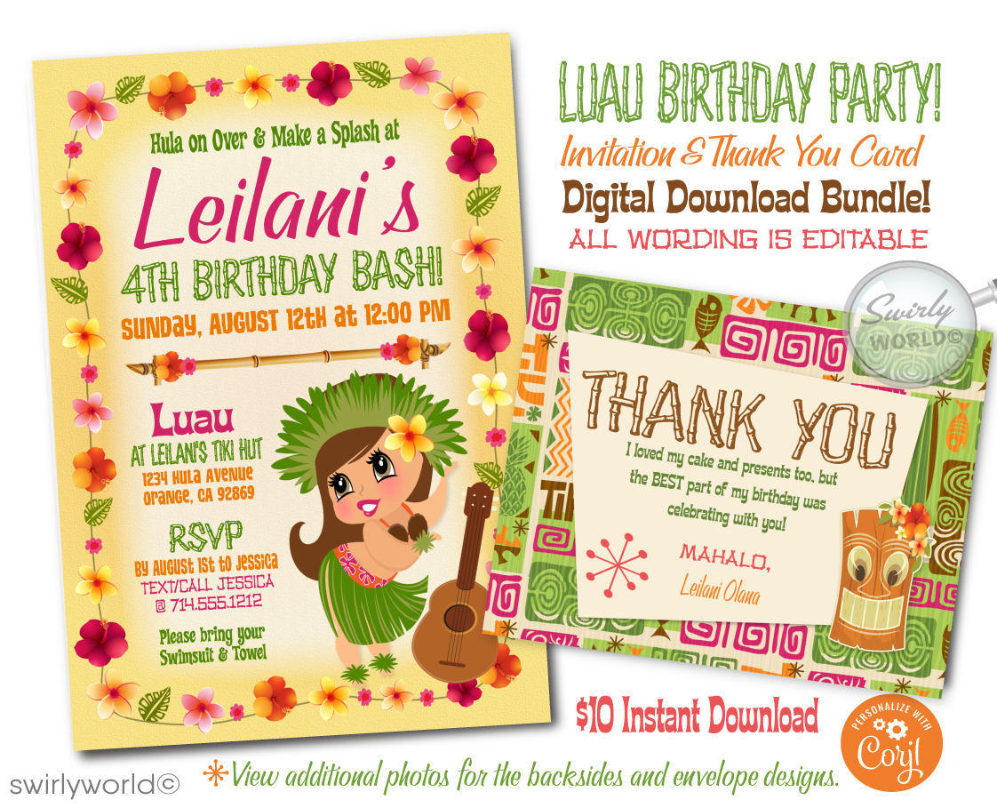 Retro cute kitschy Hawaiian hula girl tiki luau birthday party invitations; digital invitation, thank you, & envelope design.