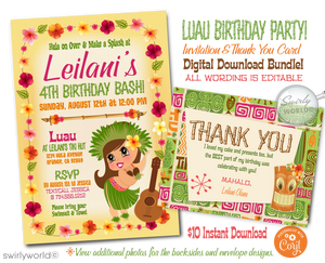 Retro cute kitschy Hawaiian hula girl tiki luau birthday party invitations; digital invitation, thank you, & envelope design.