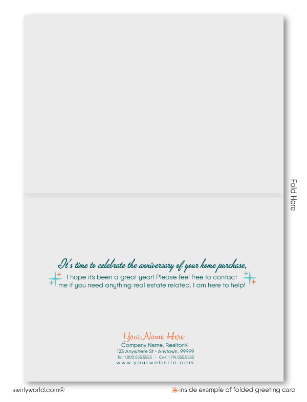 Retro Hostess cupcake with candle mid-century modern atomic home anniversary cards marketing for Realtors®.