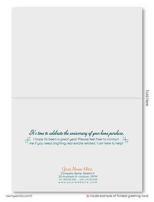 Retro Hostess cupcake with candle mid-century modern atomic home anniversary cards marketing for Realtors®.