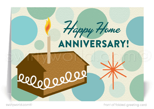 Retro Hostess cupcake with candle mid-century modern atomic home anniversary cards marketing for Realtors®.