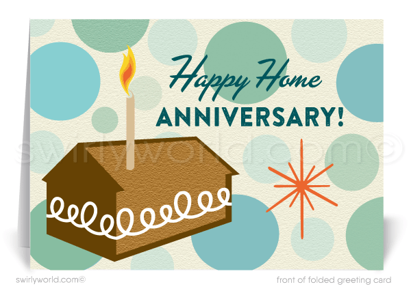Retro Hostess cupcake with candle mid-century modern atomic home anniversary cards marketing for Realtors®.