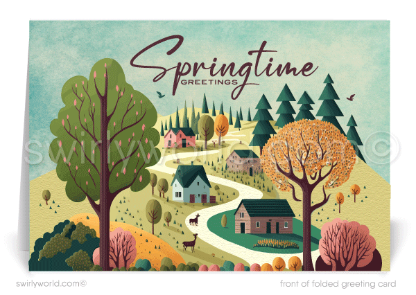 Retro vintage mid-century cottage houses neighborhood in springtime Spring greeting cards for Realtor® business professional marketing.