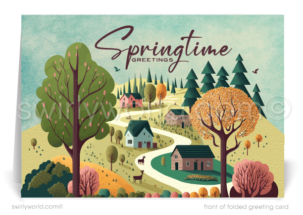 Whimsical spring card featuring storybook-style cottages, lush gardens, and a nostalgic vintage feel. A perfect way to connect with clients or loved ones.