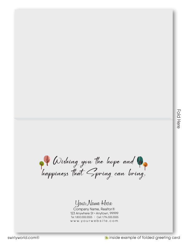 Whimsical spring card featuring storybook-style cottages, lush gardens, and a nostalgic vintage feel. A perfect way to connect with clients or loved ones.