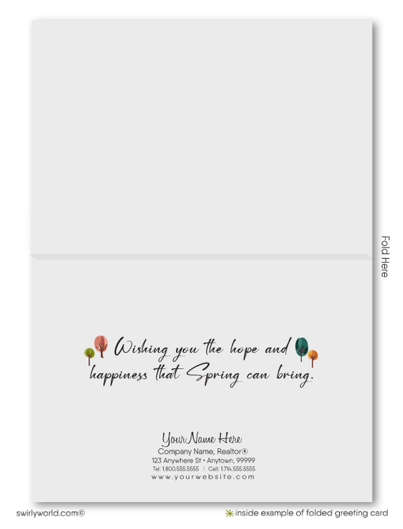 Whimsical spring card featuring storybook-style cottages, lush gardens, and a nostalgic vintage feel. A perfect way to connect with clients or loved ones.