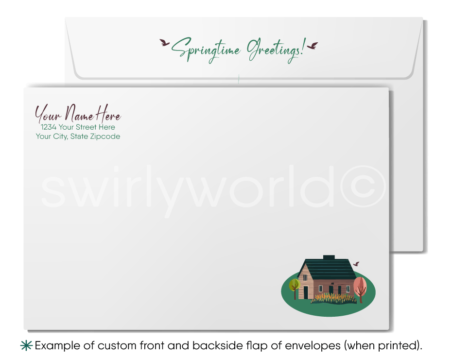 Spring Greeting Card – Storybook Cottages with Blooming Gardens & Vintage Charm
