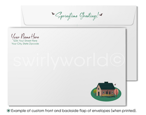 Spring Greeting Card – Storybook Cottages with Blooming Gardens & Vintage Charm
