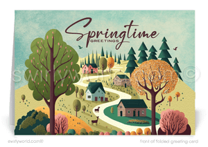 Whimsical spring card featuring storybook-style cottages, lush gardens, and a nostalgic vintage feel. A perfect way to connect with clients or loved ones.