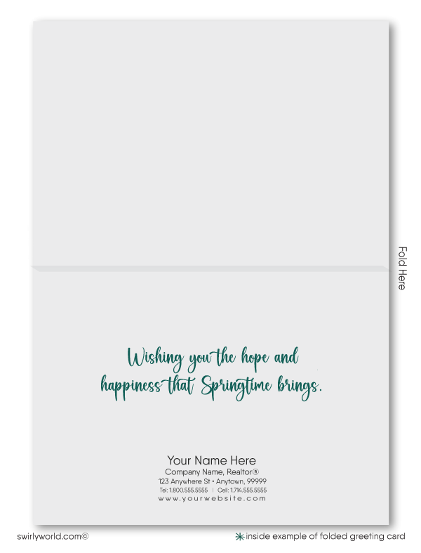 Charming spring card with a fairytale cottage, blooming garden, and flower-filled windows. Features a realtor signpost for your custom branding. Perfect for clients!