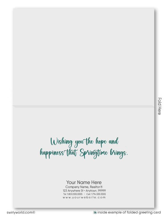 Charming spring card with a fairytale cottage, blooming garden, and flower-filled windows. Features a realtor signpost for your custom branding. Perfect for clients!
