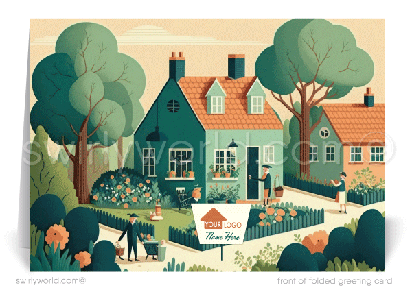 Charming spring card with a fairytale cottage, blooming garden, and flower-filled windows. Features a realtor signpost for your custom branding. Perfect for clients!