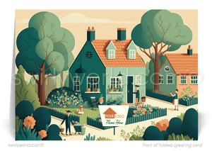 Charming spring card with a fairytale cottage, blooming garden, and flower-filled windows. Features a realtor signpost for your custom branding. Perfect for clients!